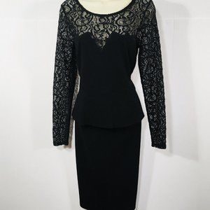 THALIA SODI Little Black Dress SzS Peplum Waist Sheer Lace Top & Sleeve Zipper